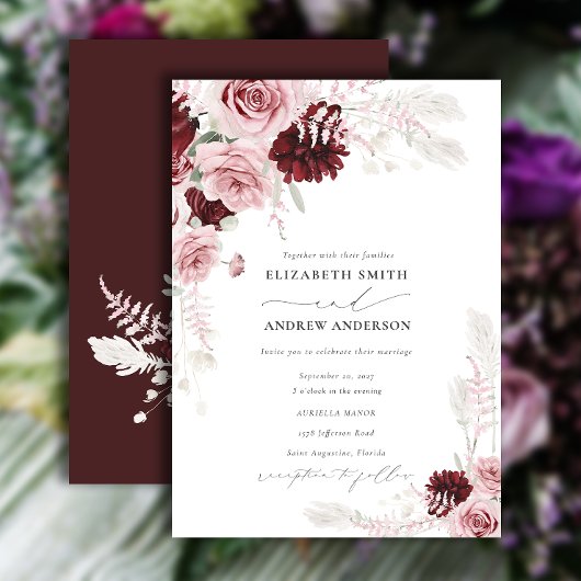 Elegant Burgundy Blush Pink Roses Floral Wedding Kaart