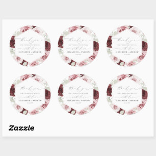 Elegant Burgundy Blush Pink Roses Floral Wedding Ronde Sticker