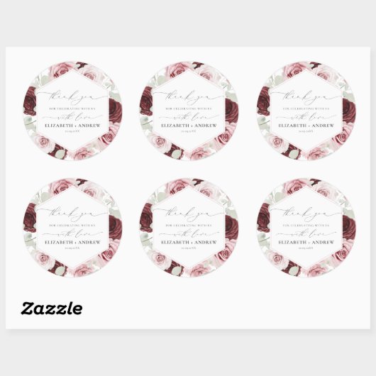 Elegant Burgundy Blush Pink Roses Floral Wedding Ronde Sticker (Vel)