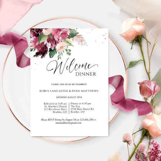 Elegant Burgundy Blush Pink Welcome Dinner Kaart