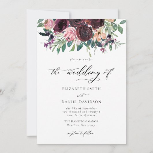 Elegant Burgundy Blush QR Code Fotohuwelijk Kaart (Voorkant)