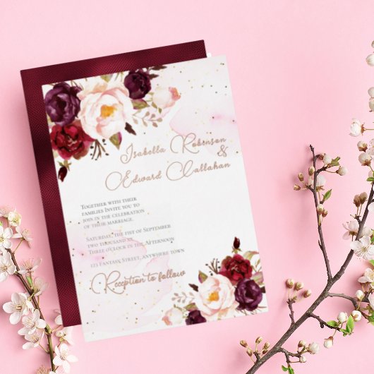 Elegant Burgundy & Blush Rozen Wedding Folie Invit Folie Uitnodiging