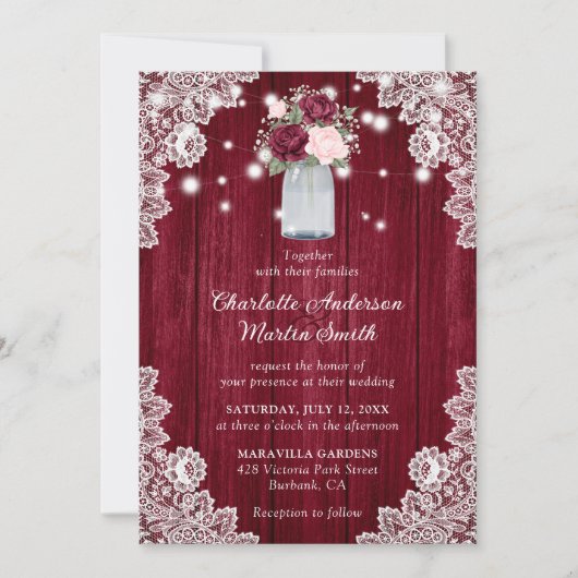 Elegant Burgundy Blush Rustic Wood Floral Wedding Kaart (Voorkant)