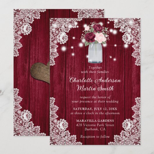 Elegant Burgundy Blush Rustic Wood Floral Wedding Kaart (Voorkant / Achterkant)