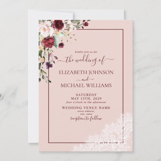 Elegant Burgundy Blush Script Photo Weddenschap Kaart (Voorkant)
