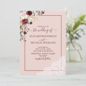 Elegant Burgundy Blush Script Photo Weddenschap Kaart (Staand voorkant)