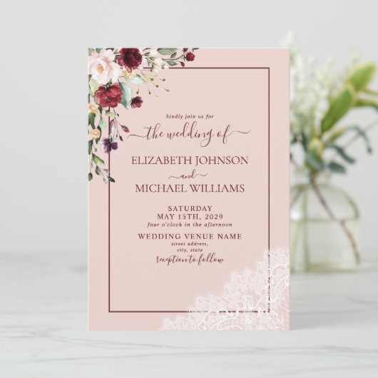 Elegant Burgundy Blush Script Photo Weddenschap Kaart (Staand voorkant)