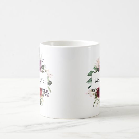 Elegant Burgundy Blush Waterverf Floral Name Koffiemok (Center)