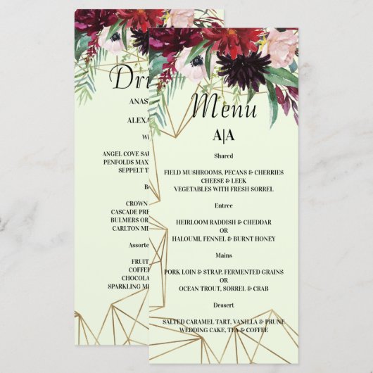 Elegant Burgundy Blush WEDDING MENU. Menu (Voorkant / Achterkant)