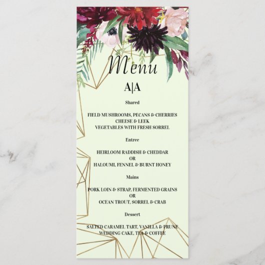 Elegant Burgundy Blush WEDDING MENU. Menu (Voorkant)