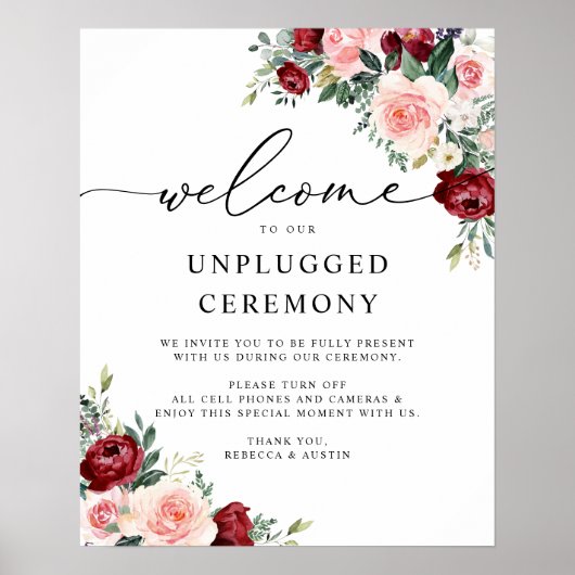 Elegant Burgundy Blush Wedding Unplugged Ceremony Poster (Voorkant)