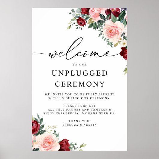 Elegant Burgundy Blush Wedding Unplugged Ceremony Poster (Voorkant)