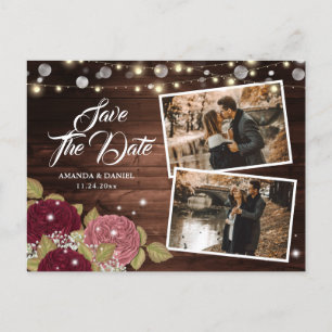Elegant Burgundy Blush Wood Foto bewaart datum Aankondigingskaart