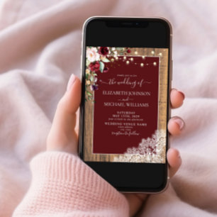 Elegant Burgundy Blush Wood Lace Script Weduwschap Kaart