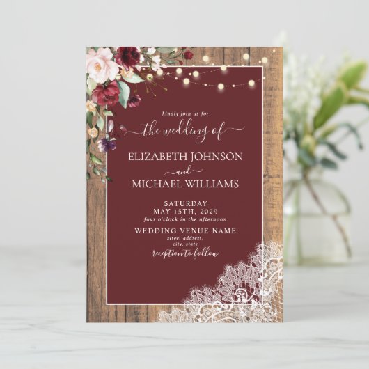 Elegant Burgundy Blush Wood Lace Script Weduwschap Kaart (Staand voorkant)