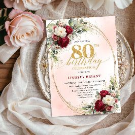 Elegant Burgundy Boho Botanical 80th Birthday   Kaart