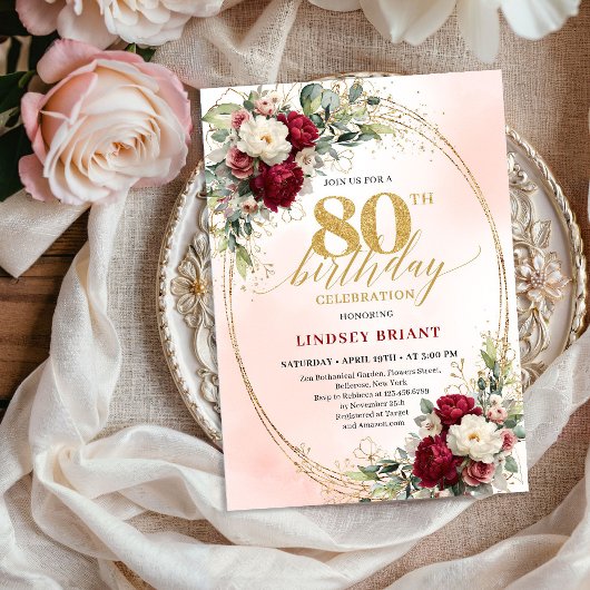 Elegant Burgundy Boho Botanical 80th Birthday Kaart