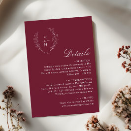 Elegant Burgundy Boho Monogram Wedding Details Informatiekaartje