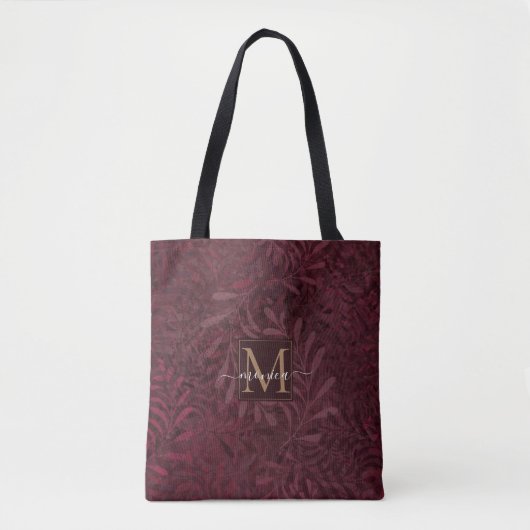 Elegant Burgundy Botanical Garden Gold Monogramed Tote Bag (Voorkant)