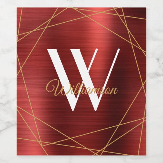 Elegant Burgundy Brushed Metal Monogram Name Wijn Etiket (Enkel label)