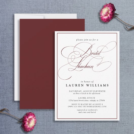 Elegant Burgundy Calligraphy Bridal Luncheon Kaart