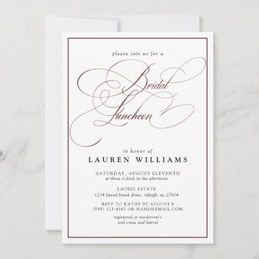 Elegant Burgundy Calligraphy Bridal Luncheon Kaart (Voorkant)