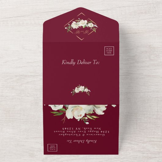 Elegant Burgundy Champagne Gold Roos Wedding All In One Uitnodiging (Buitenkant)