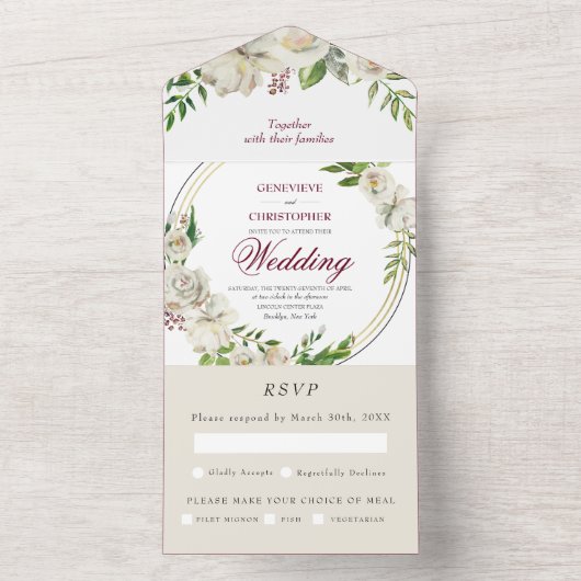 Elegant Burgundy Champagne Gold Roos Wedding All In One Uitnodiging (Binnen)