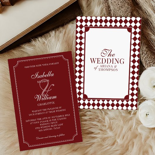 Elegant Burgundy Checkered Old Money Wedding Kaart