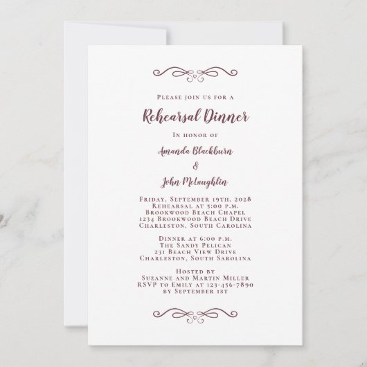 Elegant Burgundy Chic Wedding Rehearsal Dinner Kaart (Voorkant)