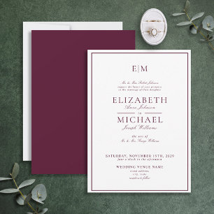 Elegant Burgundy Classic Script Monogram Weddensch Kaart