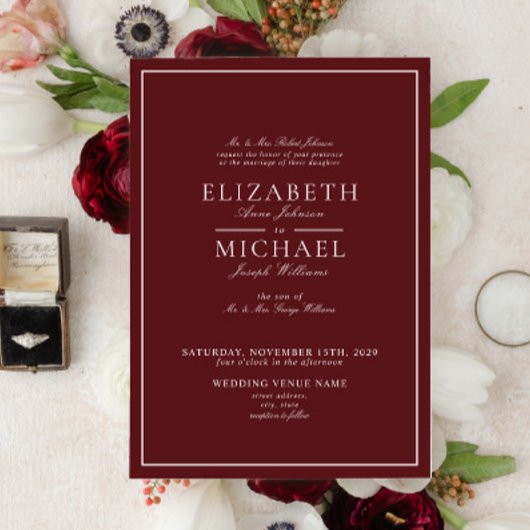 Elegant Burgundy Classic Script Weddenschap Kaart