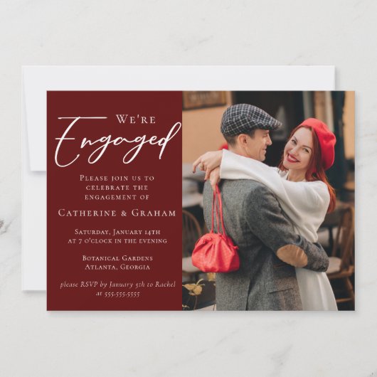 Elegant Burgundy Couple Photo Engagement Party Aankondiging (Voorkant)