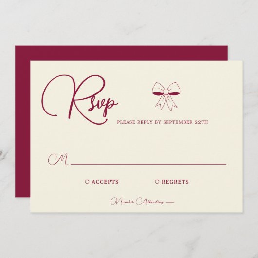 Elegant Burgundy Cream Ivory Bow Wedding RSVP Card (Voorkant / Achterkant)