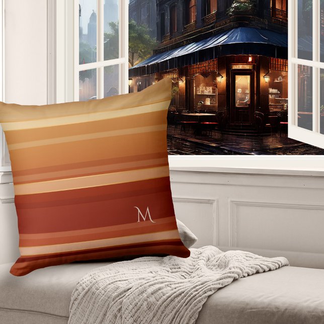 Elegant Burgundy Cream Striped Pattern Pillow Kussen (Pillow featuring an elegant striped pattern in warm burgundy, coffee and creamy chocolate colors)