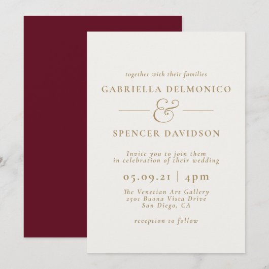 Elegant Burgundy Cream Wedding Invitation Kaart (Voorkant / Achterkant)