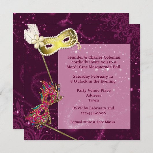 Elegant Burgundy Custom Masquerade Ball Invitation Kaart (Voorkant / Achterkant)