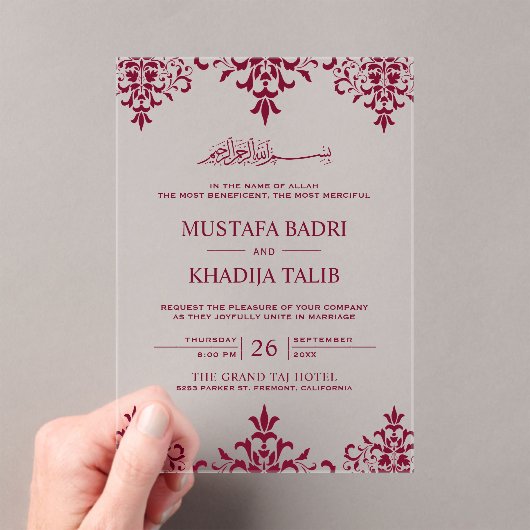 Elegant Burgundy Damask Islamic Wedding Acryl Uitnodigingen (Insitu (Draagbaar))