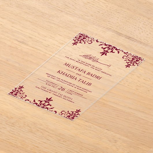 Elegant Burgundy Damask Islamic Wedding Acryl Uitnodigingen (Laagn)