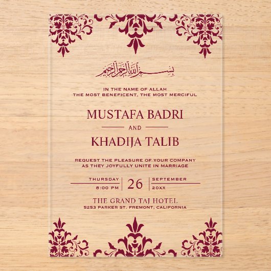 Elegant Burgundy Damask Islamic Wedding Acryl Uitnodigingen (Voorkant)