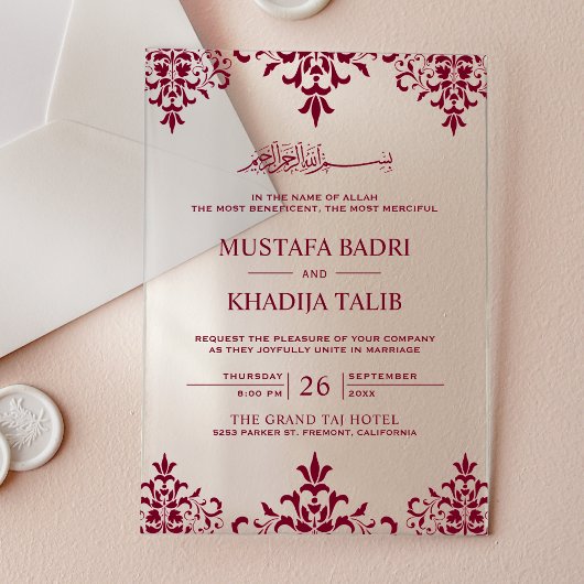 Elegant Burgundy Damask Islamic Wedding Acryl Uitnodigingen