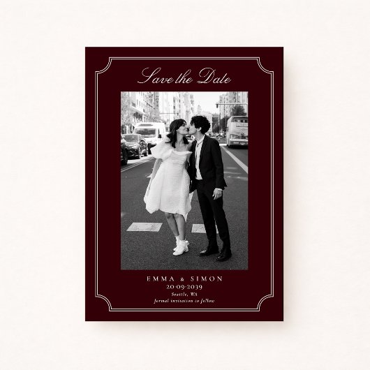 Elegant Burgundy Double Frame Photo Save the Date Bedankkaart