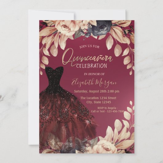 Elegant Burgundy Dress Floral Quinceañera Kaart (Voorkant)
