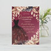 Elegant Burgundy Dress Floral Quinceañera Kaart (Staand voorkant)