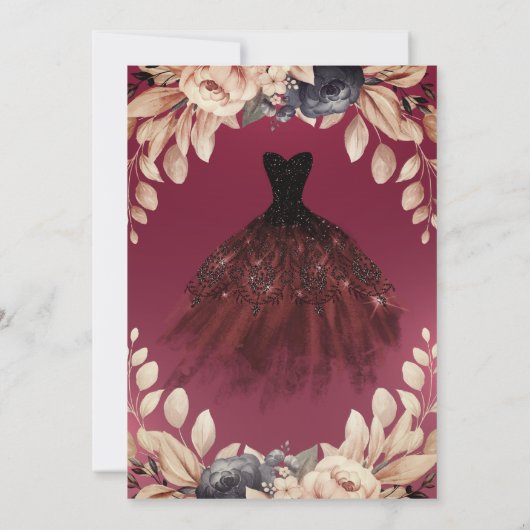 Elegant Burgundy Dress Floral Quinceañera Kaart (Achterkant)