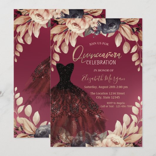 Elegant Burgundy Dress Floral Quinceañera Kaart (Voorkant / Achterkant)