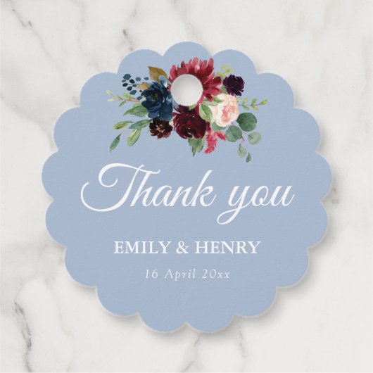 Elegant burgundy dusty blue bruiloft bedankjes labels (Achterkant)