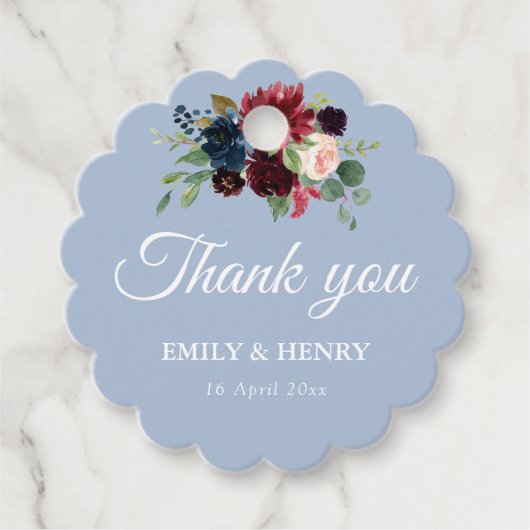 Elegant burgundy dusty blue bruiloft bedankjes labels (Voorkant)