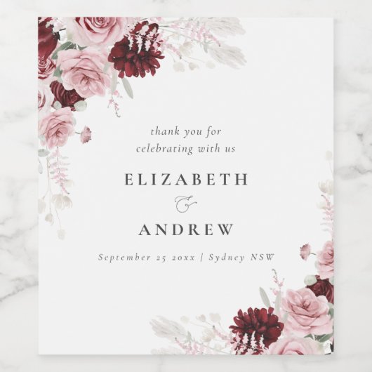 Elegant Burgundy en Blush Pink Floral Wedding Wijn Etiket (Enkel label)