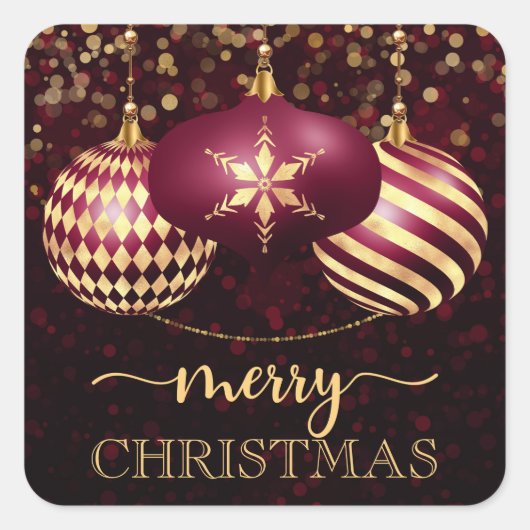 Elegant Burgundy en Gold Baubles Merry Kerstmis Vierkante Sticker (Voorkant)